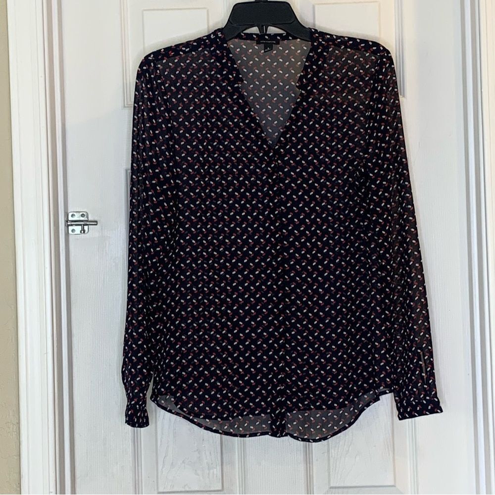 Ann Taylor Semi-Sheer Navy and Red Button Down Blouse Size 4